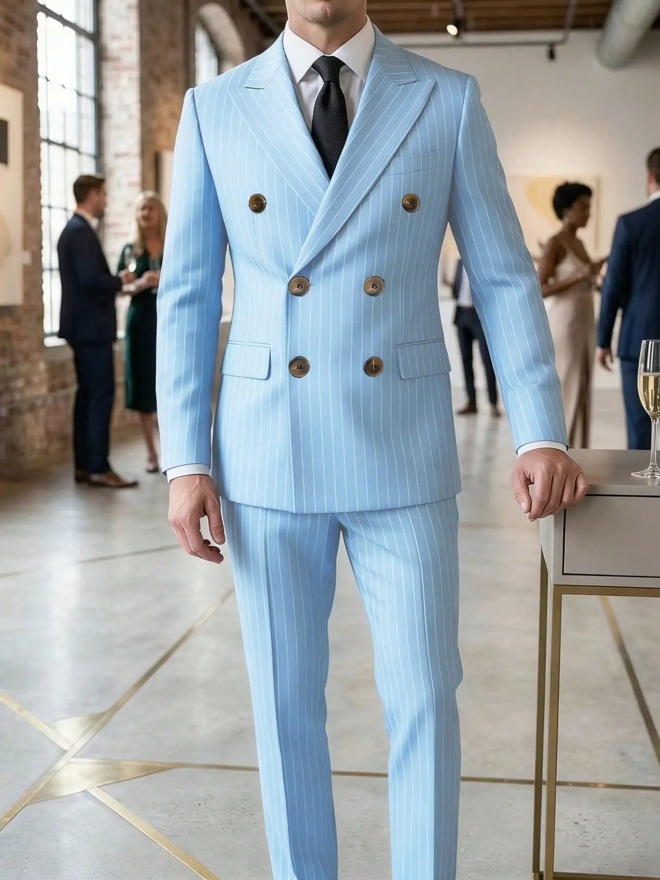 Men's 2-Piece Blazer Set, British Style Striped Double-Breasted Suit Jacket and Pants, Business Casual, Pinstripe Suit, Classic, Business Attire Clothes, Wedding Party, Evening Event