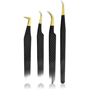 Lash Tweezers - Stainless Steel Fiber Tip Eyelash Tweezers (Set of 4) -  Grip Professional Lash Tweezers for Eyelash Extensions (Black)