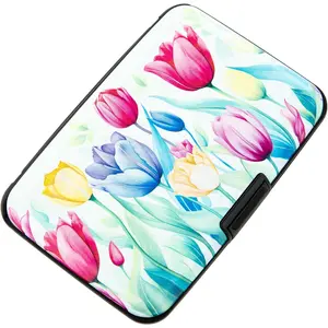 Credit Card Holder for Women Men RFID Blocking Wallet Small Business Metal Slim Mini Aluminum Hard Case (Watercolor Tulips)