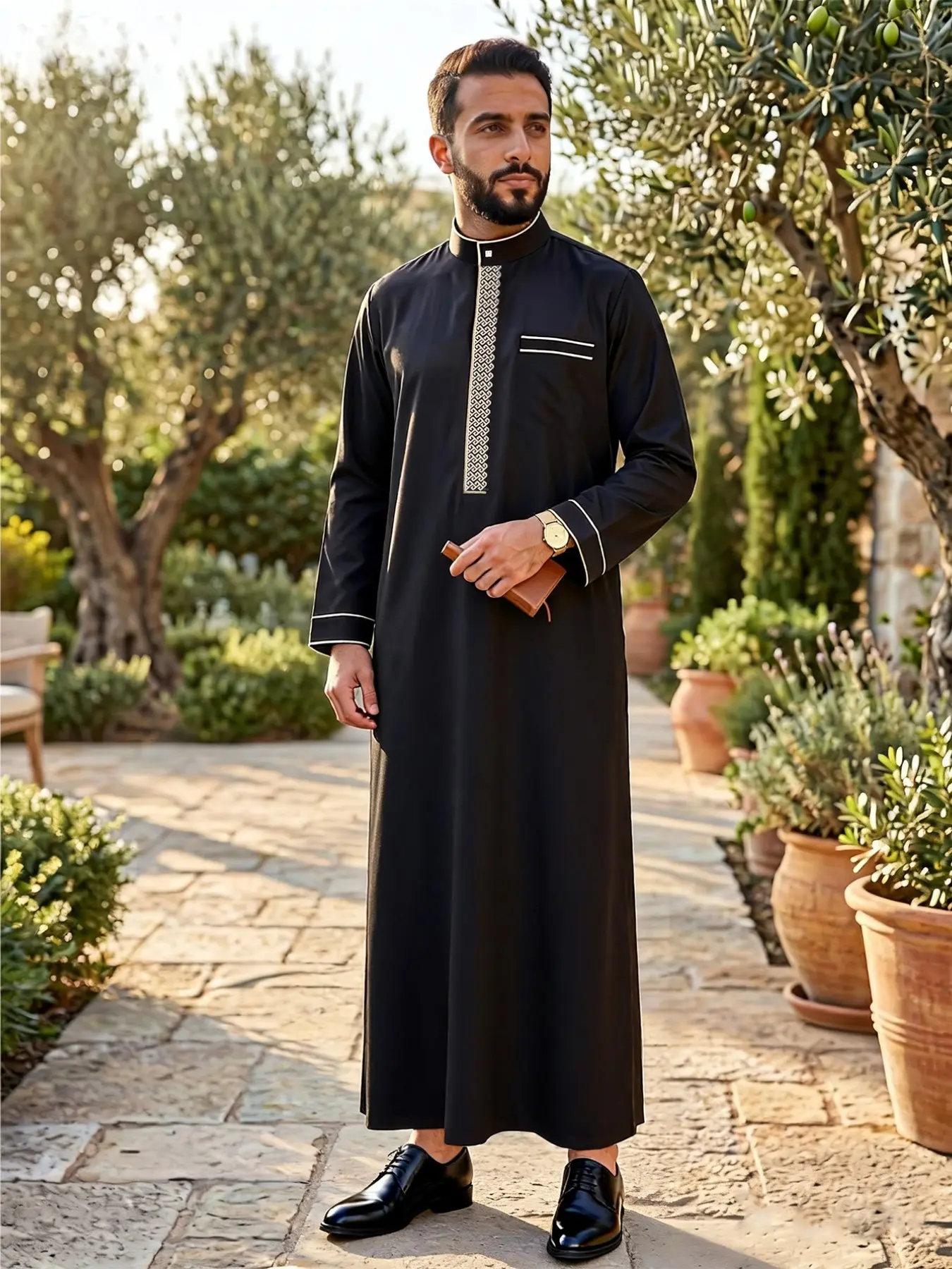 Islamic Muslim Arabic Traditional Robe Clothing, Ramadan Festival Sacrifice Day Traditional Holiday Clothes, Classic Men's Geometric Embroidered Robe, Modesty Thobe, Authentic Saudi Thobe, For Men