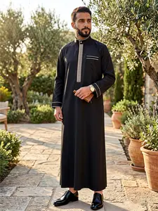 Islamic Muslim Arabic Traditional Robe Clothing, Ramadan Festival Sacrifice Day Traditional Holiday Clothes, Classic Men's Geometric Embroidered Robe, Modesty Thobe, Authentic Saudi Thobe, For Men