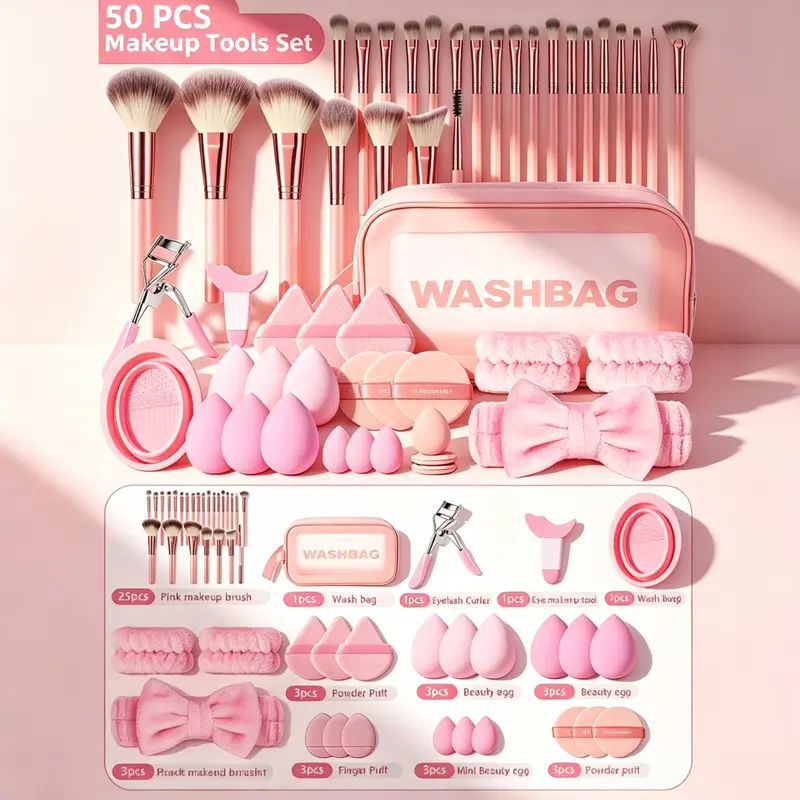 50-Piece All In One Complete Makeup Tools Set 25Pcs Makeup Brushe set Beauty Sponges Powder Puffs Plush Hair Accessories Eyelash Curler Eye Makeup Tool Silicone Brush Cleaner Mat With Transparent Cosmetic Wash Bag For Daily Travel Makeup Artists