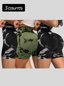 Women's High Waist Yoga Shorts, Tie Dye Design, 3 Pack Compression Fitness Running Pants, Comfortable & Breathable Fabric Yoga Activewear, Stretch Shorts, Soft Stretch Shorts, Athletic Wear Shorts