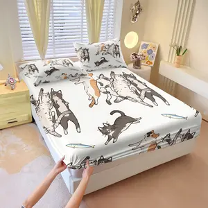 3 Pcs Cute Cartoon Cat Printed Fitted Sheet Set, Kawaii Cat Themed Bed Sheet Set, Soft Durable Microfiber Digital Print, Wrinkle & Fade Resistant, Perfect for Bedroom Dorm Guest Room Decor, Ideal for Cat Lovers, Year-Round Use - No Filling