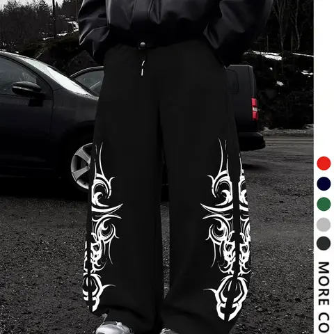 Men's Ethnic Pattern Drawstring Waist Joggers Pants, Casual Loose-Fit Gothic Style Sweatpants for All Seasons, Unisex Daily Wear