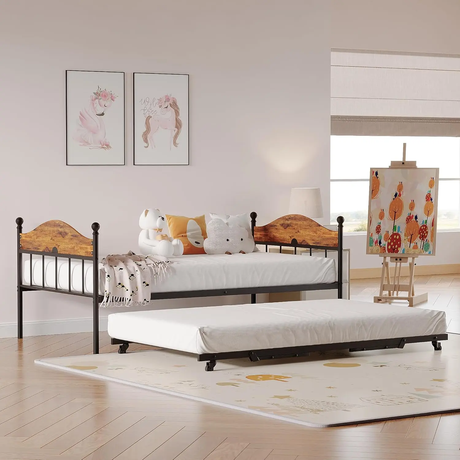 Gaomon Rustic Brown Twin Daybed with Wheeled Foldable Raised Trundle, Easy-Setup Metal Sofa Bed Frame, Stylish Headboard, Heavy-Duty Steel Slats Platform, Supports 350lbs Pull Out Bed, Indoor Furniture Set