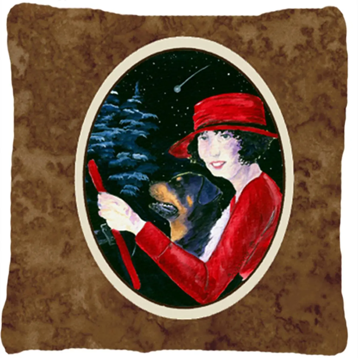 212 MAIN Heavyweight Decorative Cushion - 14x14 in Stain-Resistant Polyester Fabric Pillow, Indoor/Outdoor Use, Unique Artwork of a Woman Driving with Her Rottweiler