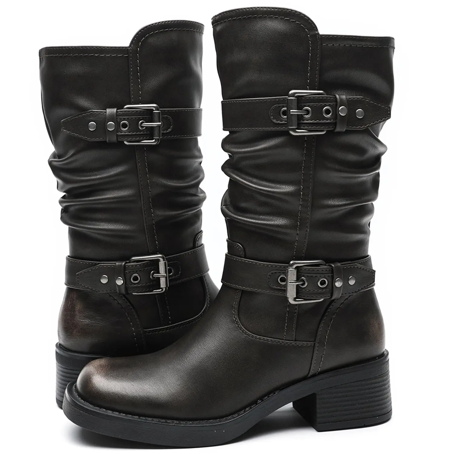 GLOBALWIN Women's Motorcycle Boots Fall Fashion Mid Calf Boots For Women Square Toe Low Heel Size 10M