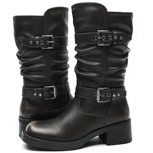 GLOBALWIN Women's Motorcycle Boots Fall Fashion Mid Calf Boots For Women Square Toe Low Heel Size 10M