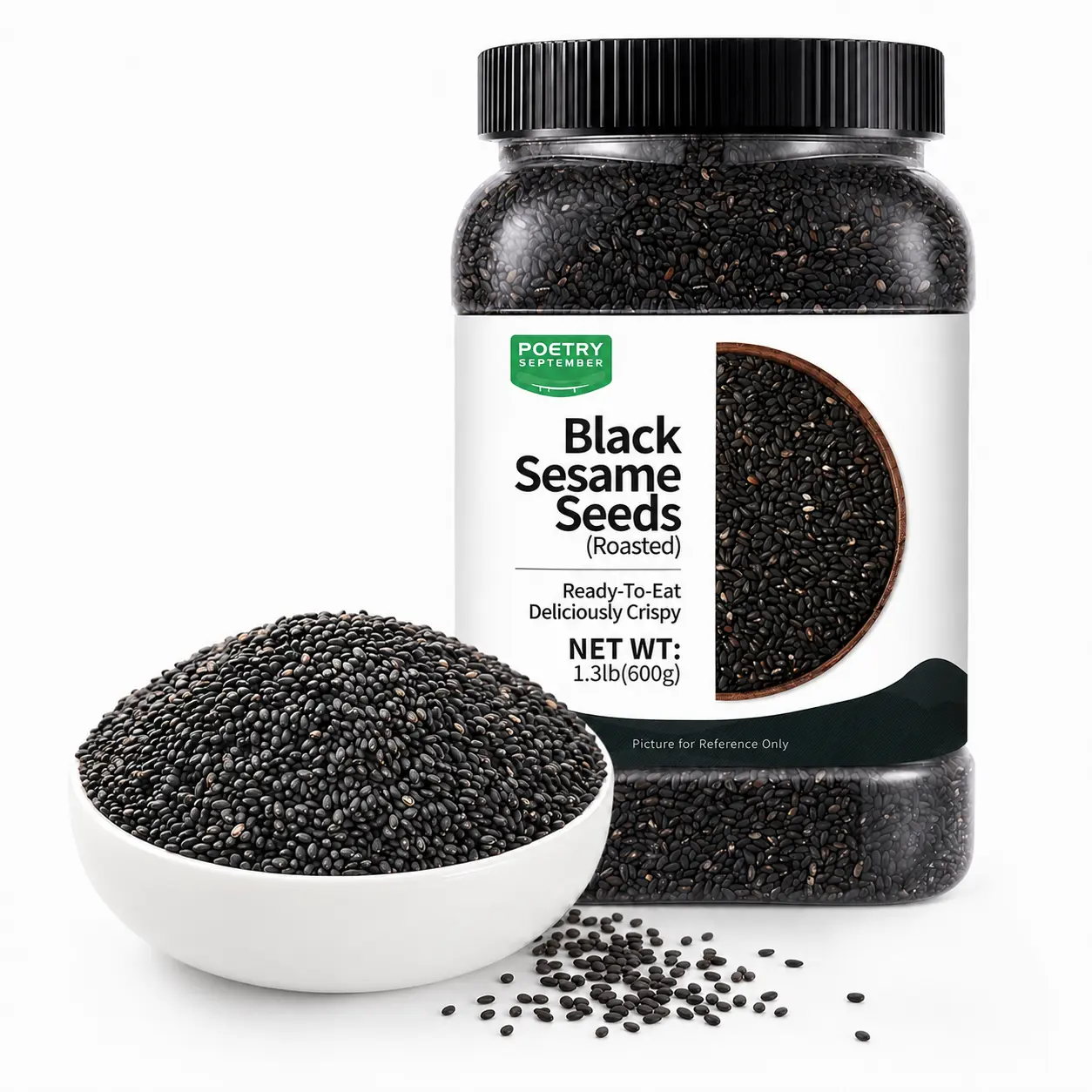 PoetrySeptember Roasted Black Sesame Seeds, 600g Jar, Ready-to-Eat Sesame Topping for Breakfast, Toast & Snacks, Original Flavor