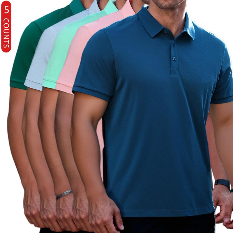 LIFE KEEPS MOVING Men's Striped Collar Polo Shirt Breathable Soft Regular Lapel Buttons Golf Outdoor Activity Top 5 Counts
