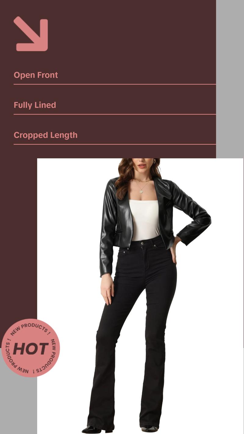 Faux Leather Crop Blazer for Women'S Collarless Open Front PU Moto Biker Jackets XL Black