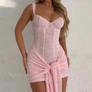 Sexy Lace Corset Mini Dress with Ribbon Front Bandeau – Slim Fit for Women, Summer 2025, Perfect for Beach Parties, Dates, and Casual Outings; an Elegant Vacation Outfit