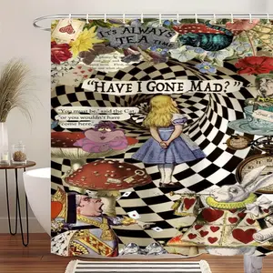 Alice in Wonderland Shower Curtain, Whimsical Cheshire Cat Print Extra Large Waterproof Thickened Mildew-Proof Bathroom Partition Curtain for Dry-Wet Separation, Durable Polyester Fabric Included & 12 Hooks for Easy Hanging, Bathroom Decoration Home Decor