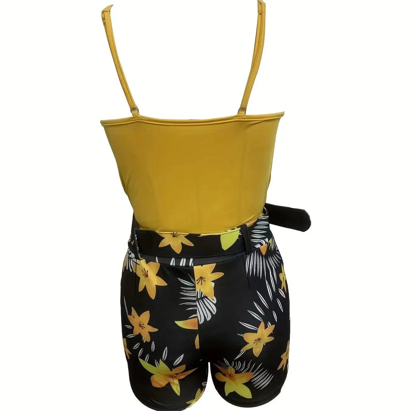 Women's V Neck Sleeveless Top & Plant Print Shorts Set with Belt, Summer Matching Set, Summer Tropical Floral Outfit, Perfect for Vacation, Beach and Casual Daily Wear, High Waist Fitted Design Women's V Neck Sleeveless Top & Plant Print Shorts Set with Belt, Summer Matching Set, Summer Tropical Floral Outfit, Perfect for Vacation, Beach and Casual Daily Wear, High Waist Fitted Design