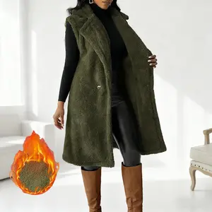 Women's Sleeveless Plush Warm Winter Outwear Fuzzy Fleece Lapel Open Front Long Cardigan Coat