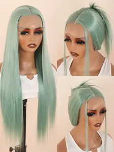 Fashionable Light Blue Mint Green Color Long Silky Straight Wigs for Women, Gorgeous Fluffy Wigs without Bangs, 13x4 Synthetic Lace Front Wigs for Party, Daily Use
