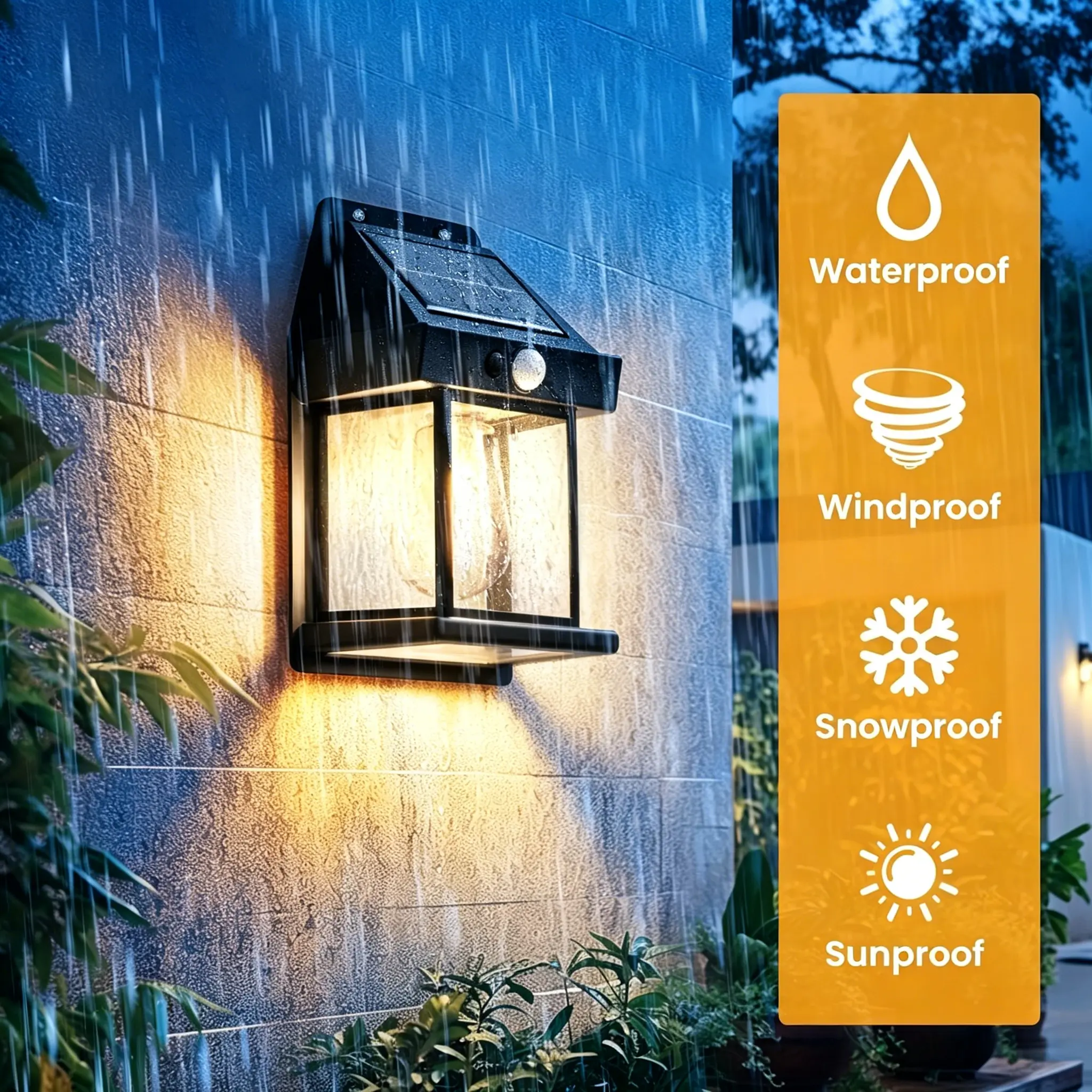 Decorative outdoor solar wall lights—featuring automatic dusk-to-dawn sensing and motion detection, plus a waterproof design; includes three lighting modes and is suitable for patios, garages, and sheds.