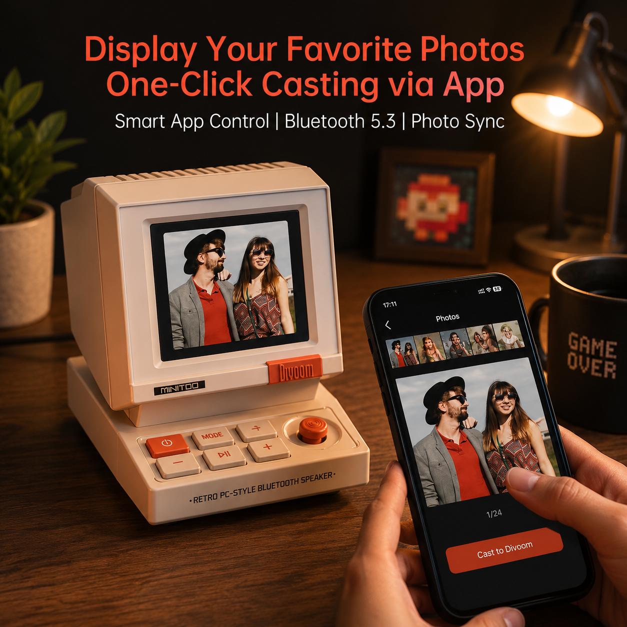 Divoom MiniToo Retro Pixel Bluetooth Speaker – 90s-Inspired PC Design,App Control, Alarm, White Noise, Retro Desk Portable Speaker for Music,Gaming Room Decor