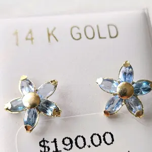 14kt Gold Flower Earrings with 6 Petals and Blue Zircons Elegant Jewelry Piece $190.00