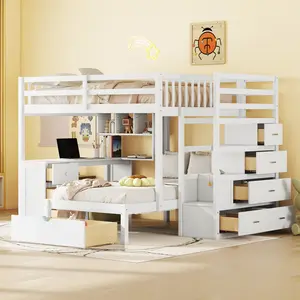 Full Over Twin Bunk Bed with Desk, Drawers & Shelves - White Sturdy Multi-Functional Bedframe, Space-Saving Study-Storage Combo Furniture for Kids Room Teen Room Study Room Dorm Small Apartment