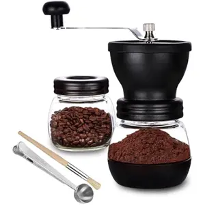 Manual Coffee Bean Grinder with Ceramic Burr – Hand Coffee Mill with 2 Glass Jars (11oz Each), Stainless Steel Handle for Drip Coffee, Espresso, French Press & Turkish Brew
