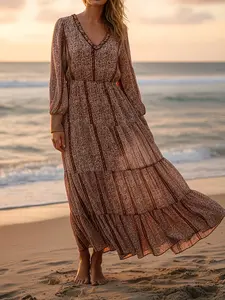 Women's Spring Summer Floral Print Shirt V-Neck Party Dress, Casual Slim-Fitting Long Dress, Perfect for Parties and Events
