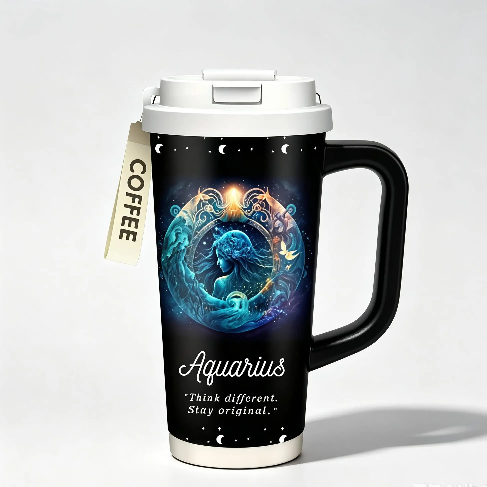 Vintage 90s Aquarius Zodiac 40oz Tumbler With Handle | PamCore Y2K Cosmic Water Bearer Galaxy Stainless Steel Travel Mug, 24H Hot Cold Insulated Retro Cup For 90s Babe Nostalgia Astrology Gift