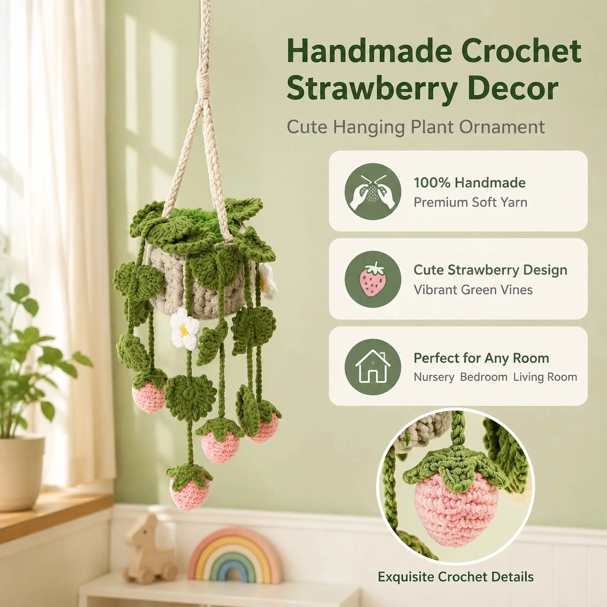 Premium Cotton Yarn Crochet Hanging Strawberry Plant 3 Inch Basket Hand Woven Dangling Fruit Potted Ornament Lightweight Easy to Hang Cottagecore Decor for Car Mirror Home Wall Shelf Nursery Room Gift for Strawberry Lovers