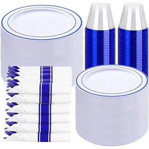 350 Pcs Blue for 50 Guests - Dinnerware Set,Supplies Includes 100 blue,150 Silverware,50,50 Cups,Blue and White
