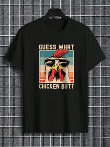 Men's Regular Fit Letter & Chicken Print Round Neck Tee, Summer Clothes Casual Soft Comfortable Short Sleeve T-shirt For Daily Wear, Men's Top For Summer, Casual Matching Clothing