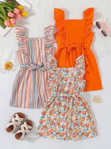 Youthful Girl Floral Dot Striped Pure Color Sleeveless Square Neck Set + Belt, Perfect for Casual Wear & Daily Use