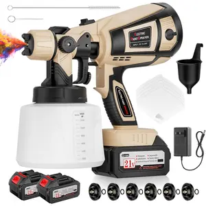 Paint Sprayer, 650W Spray Paint Gun with Battery 2 * 4.0mAh & 1400ML Container, Easy to Clean & Setup, Electric Paint Sprayer for House Painting Graffiti Wall Fence Furniture DIY Projects (Brown)