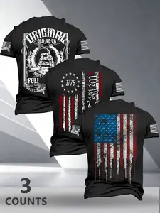 Men's Street Style Fashion Three-Piece Set, Flag Print Short Sleeve T-Shirts, Loose-Fitting, Casual, Perfect for Outdoors, Leisure and Streetwear