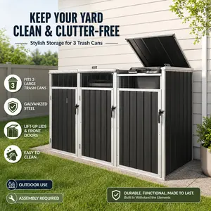 3-Can Garbage Bin Shed Outdoor Metal Trash Can Storage Box Dark Gray Bin Enclosure with Lockable Doors and Ventilated Design Waterproof Backyard Waste Management Organizer for Patio Lawn and Garden