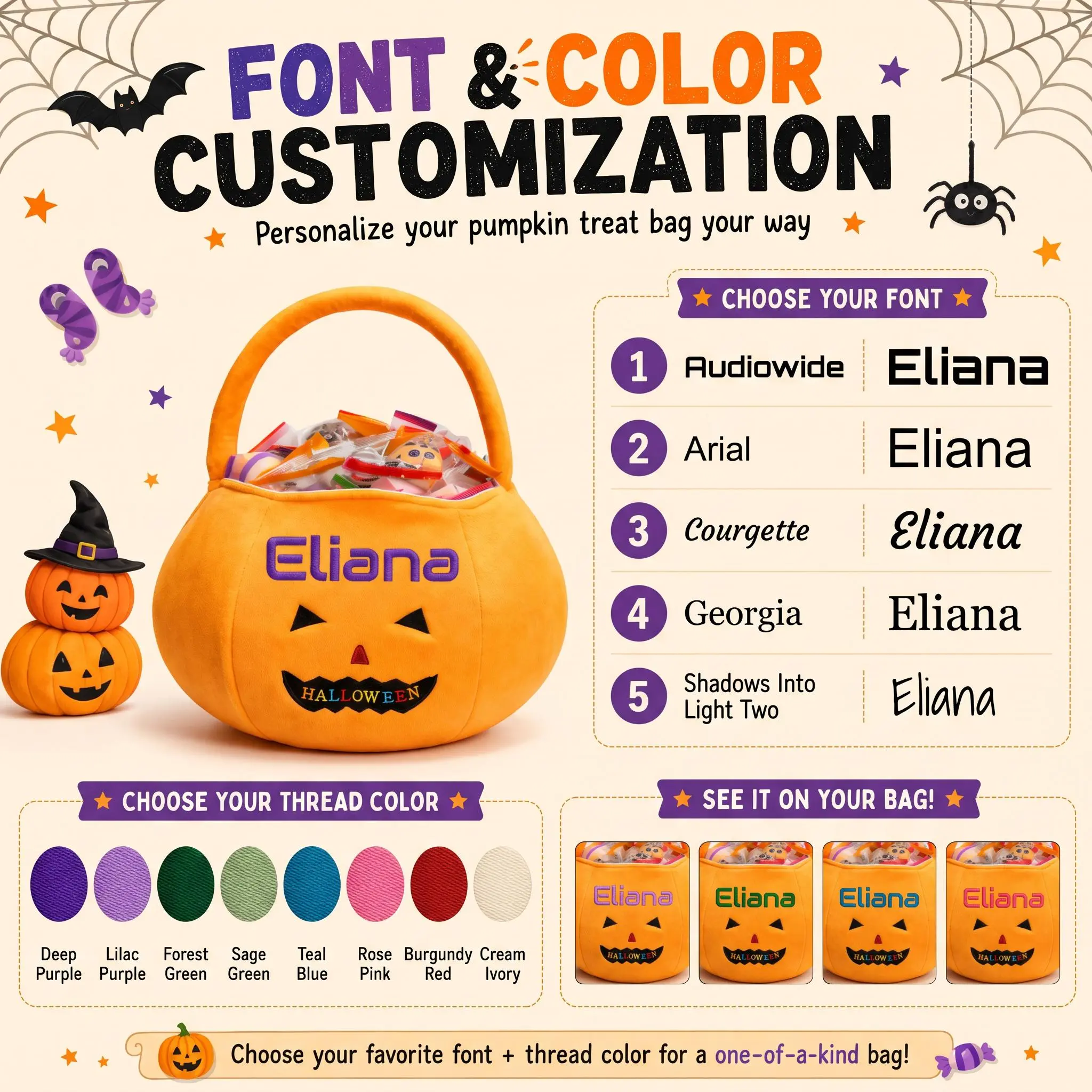 Personalized Toddler Halloween Bag - Plush Pumpkin Candy Basket with Embroidered Custom Name, Trick or Treat Bucket, Kids Halloween Gift