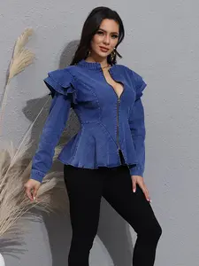 Women's Stand-Collar Zipper Cropped Denim Jacket, Ruffled Waist Slim-Fit Casual Long-Sleeve Jean Top, Suitable For Spring, Autumn And Winter