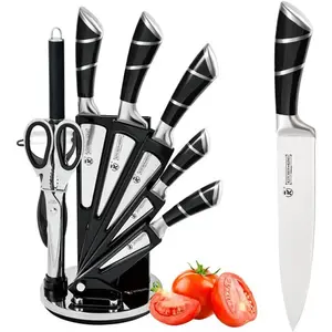 Kitchen Knife Set with Acrylic Knife Holder, 9-Piece Set for Kitchen Chopping and Mincing, High-Carbon Stainless Steel, Non-Slip Handles, Black