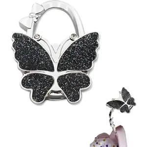 Butterfly Design Purse Hook for Table - Foldable Handbag Hanger - Portable Bag Holder - Hangs Almost Anywhere(Glitter Black)