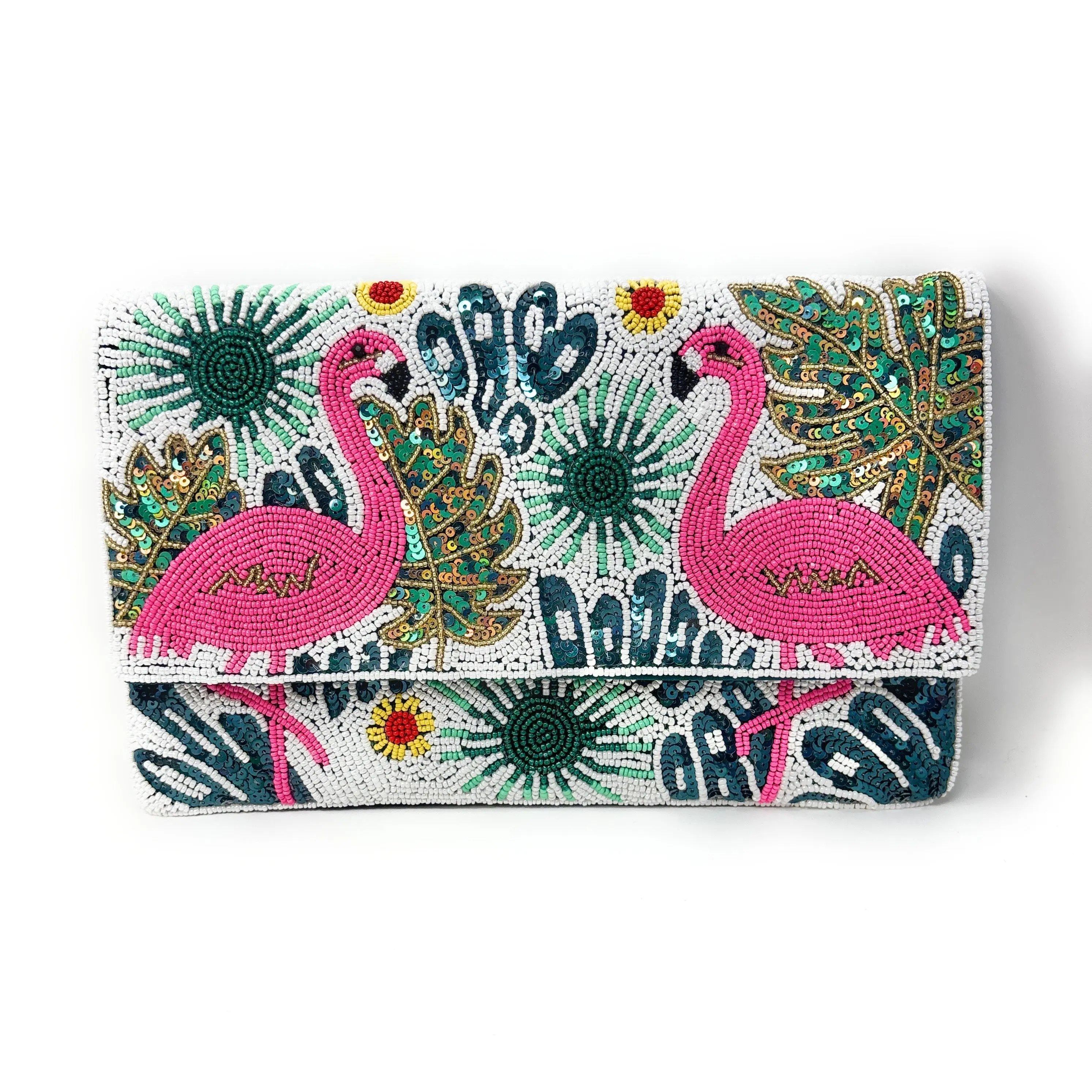 Tropical Flamingo Paradise Hand Beaded Clutch