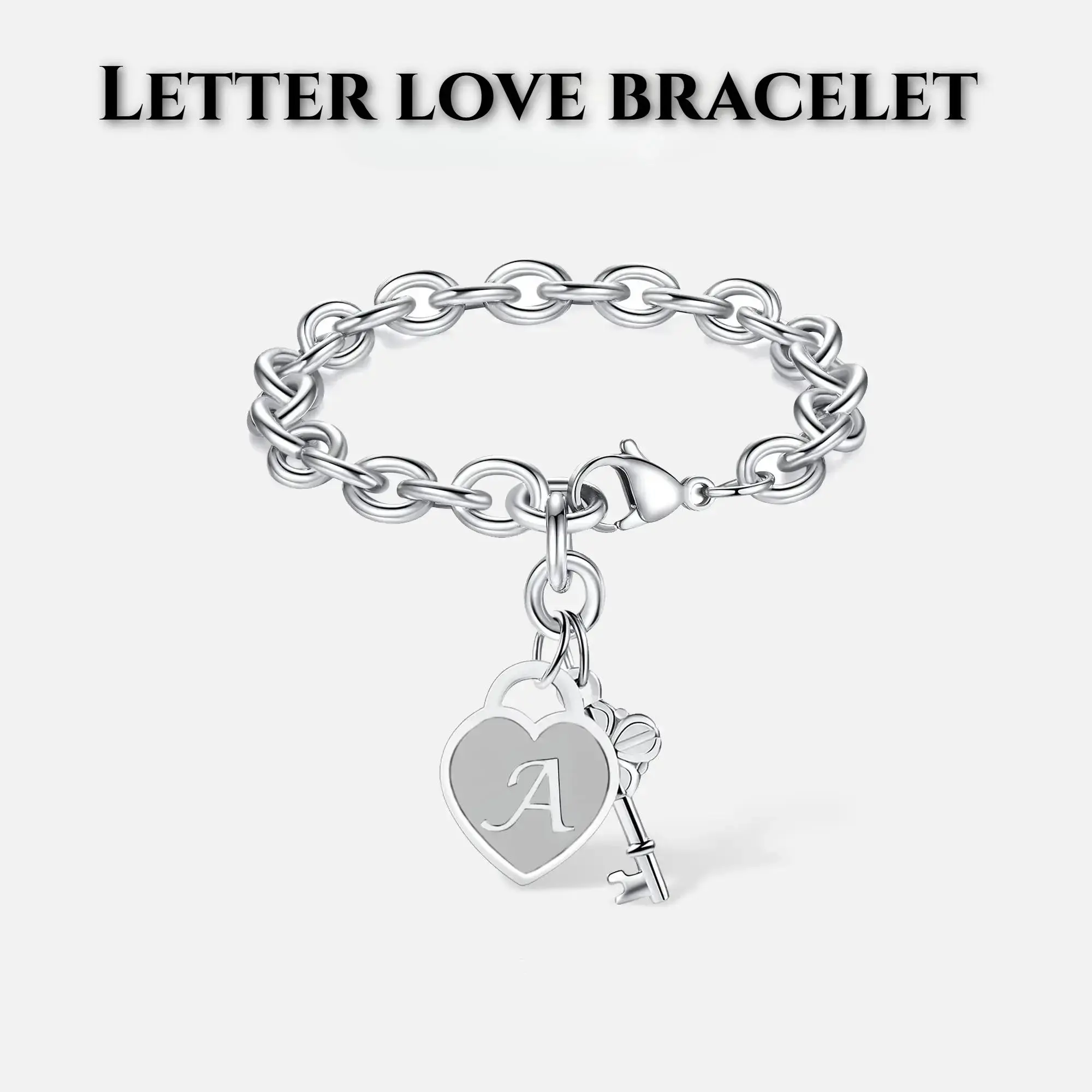 Women’s Adjustable Initial Charm Bracelet Engraved With Letter On Heart Tag, Decorated With Key Pendant, Minimalist Personalized Jewelry, Ideal Gift For Teen Girls And Daily Fashion Matching