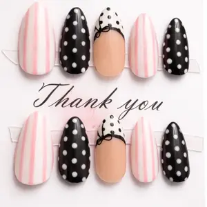 10 pcs medium almond polka dots striped fake nails