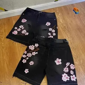 Men's Black Cherry Blossom Embroidered Denim Shorts, Baggy Frayed Jorts with Sakura Embroidery & Distressed Details, Y2K Streetwear Casual Bottoms