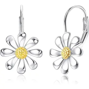 S925 Sterling Silver Daisy Leverback Earrings 18K White Gold Plated Flower Dangle Earrings | Hypoallergenic for Sensitive Ears | Perfect Gift for Her