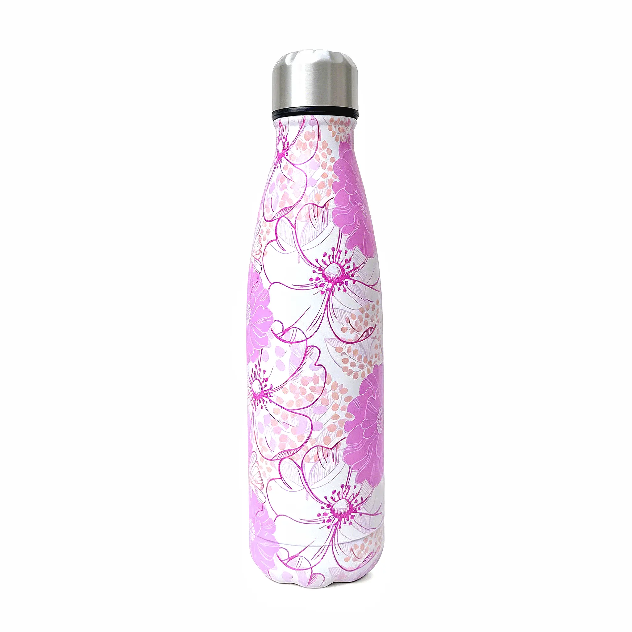 304 Stainless Steel Insulated Water Bottle - New Style Narrow Mouth Cola Bottle Flask, 500ml, 5D Floral Print Summer Pink Blossoms Series, Leak-Proof Portable Durable Drinkware for Adults, Garden, Festive Occasions Gifting