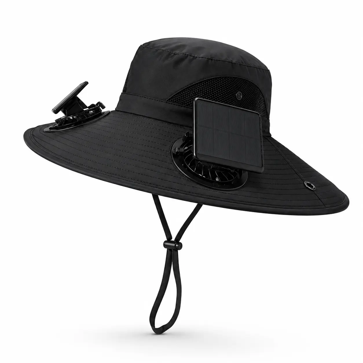 Adult Outdoor Adjustable Cooling Hat - Wide-Brimmed, UV Protection, Dual-Fan Circulation System, Solar-USB Rechargeable, Built-In Cells, Breathable Mesh, Long-Lasting Battery, Continuous Cooling for Hiking, Camping, Fishing