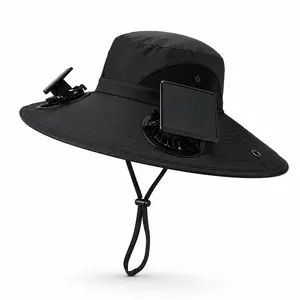 Outdoor solar fan hat with a dual-fan design and wide brim, USB rechargeable, long-lasting battery, suitable for camping, hiking, fishing, and other activities