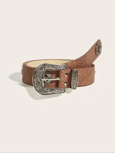 Women's Vintage Floral Pattern Buckle Belt, Boho Style Star Patched Decor PU Leather Belt for Jeans & Dress, Fashion Accessories for Daily Use