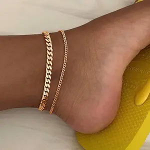 2PCS Boho Stainless Steel Cuban Ankle Bracelets Set Chunky Double Layer Gold Anklets for Women Summer Beach Waterproof Silver Anklets Gifts, Suitable for to Daily Life, Parties, Travel, Vacations, Beach