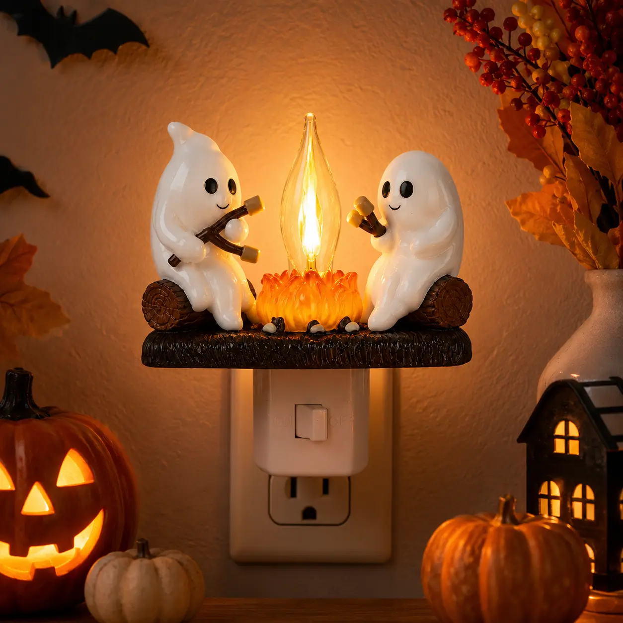 Halloween Cute Ghosts Plug-In Wall Night Light with Flickering LED Flame, 3D Marshmallow Design, Spooky Charm Decor for Kids Room, Home Party Gift, Campfire Flames